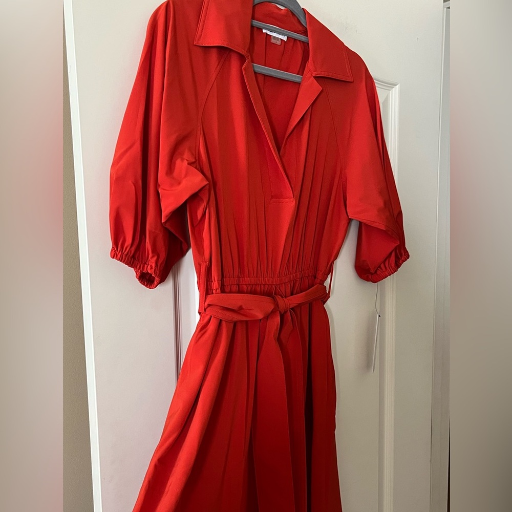 Calvin Klein Vibrant Reddish Orange Midi Dress with Waist Tie Women’s Size 4 - Picture 11 of 16